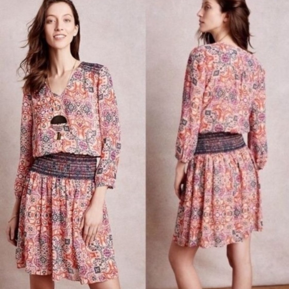 Anthropologie Vanessa Virginia Daytripper Boho V Neck Smocked Waist Orange Small